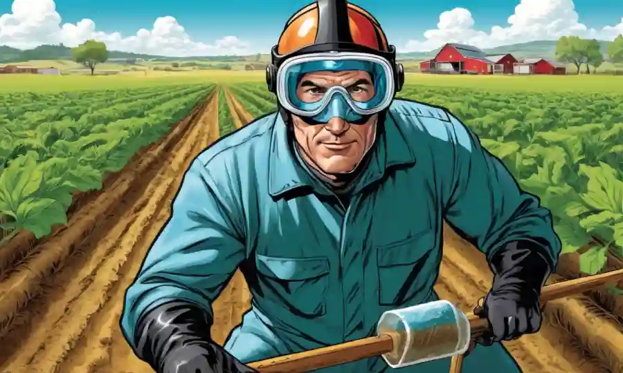 Agricultor con equipo protector, incluyendo gafas y casco mientras maneja productos químicos en un entorno agrícola.