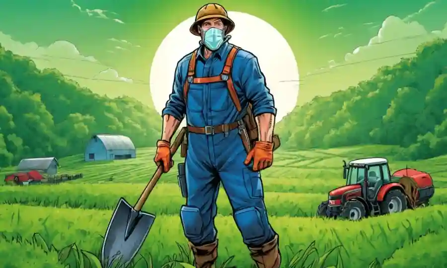 Agricultor con engranaje protector, rodeado de herramientas agrícolas en un exuberante campo verde.