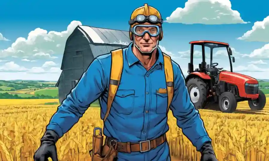 Agricultor que usa equipo protector, como guantes y gafas, en un entorno rural.