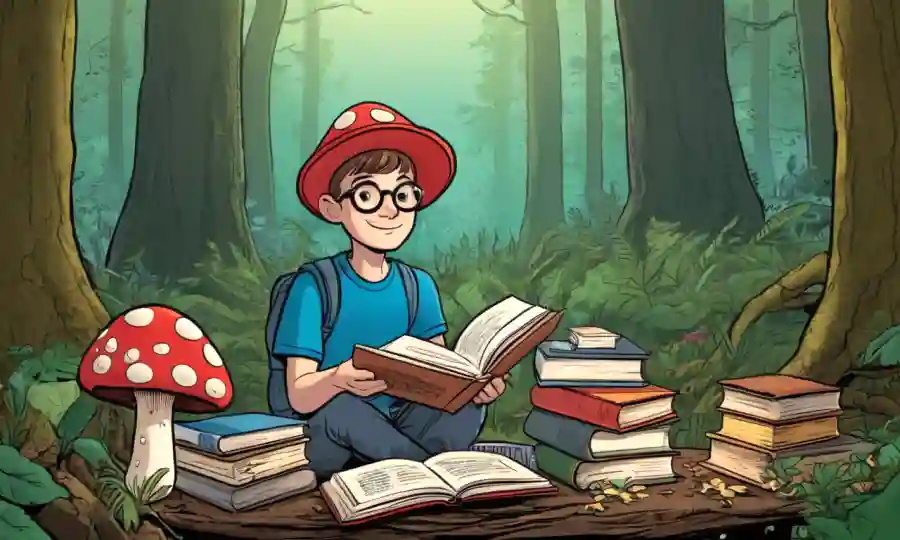 Aficionado al seta estudiando con libros y muestras en un entorno forestal.