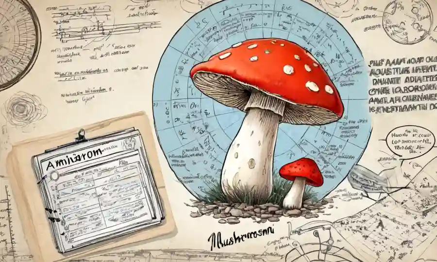 Una gorra de hongos (amanita) rodeada de ecuaciones científicas y notas de laboratorio.