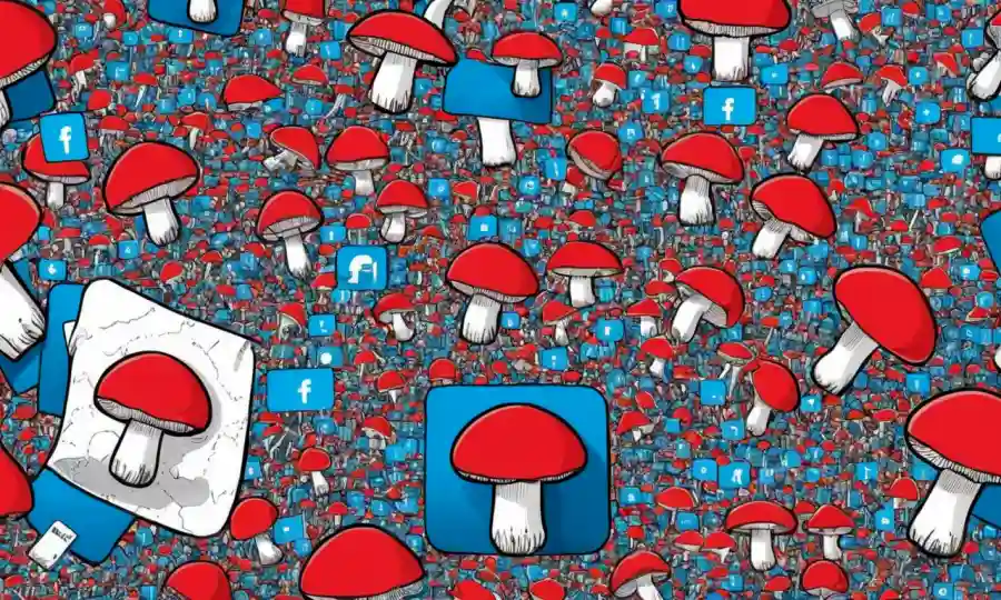 Una gorra de hongos rodeada de pantallas de redes sociales con opiniones y debates públicos mixtos.