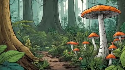 Fungi creciendo en medio de plantas en un ecosistema forestal que ilustra el papel en el ciclo del carbono.