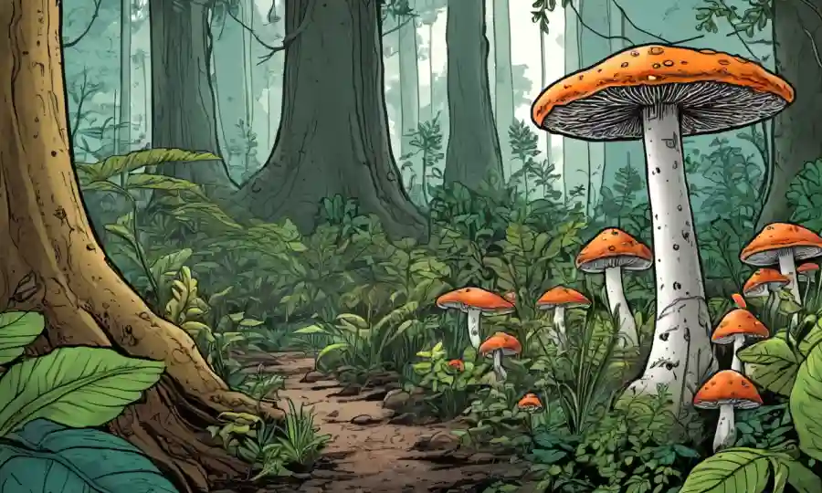 Fungi creciendo en medio de plantas en un ecosistema forestal que ilustra el papel en el ciclo del carbono.