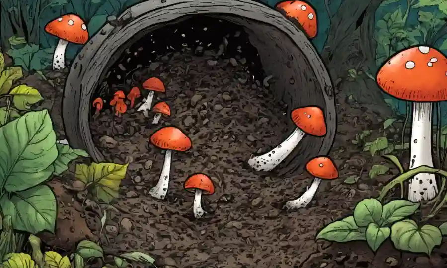 Un hongo derribando materia orgánica en un escenario de compost.