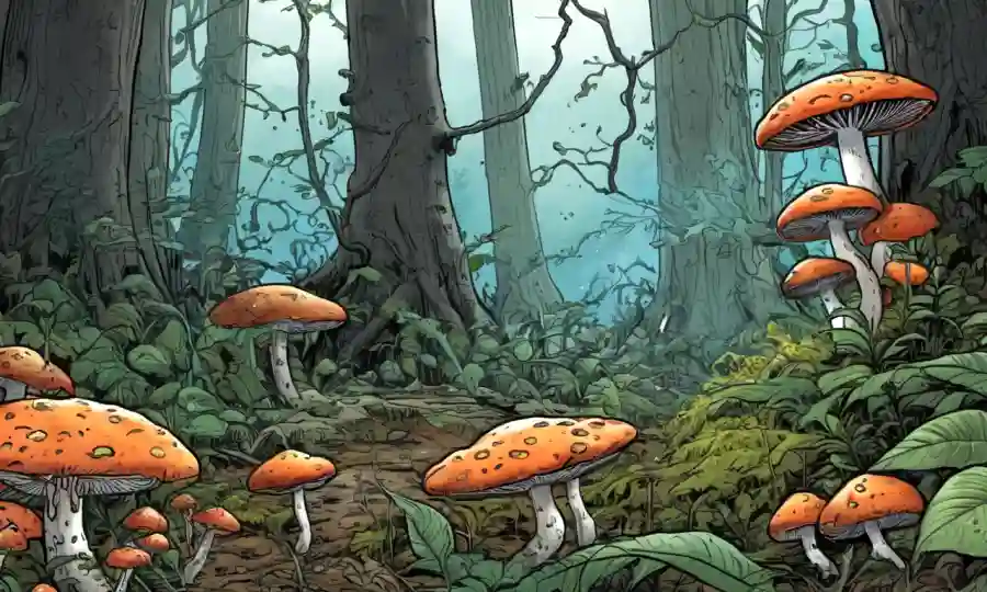 Fungi descompone la materia vegetal en un ecosistema forestal, con moléculas orgánicas y ciclos de carbono en el fondo.