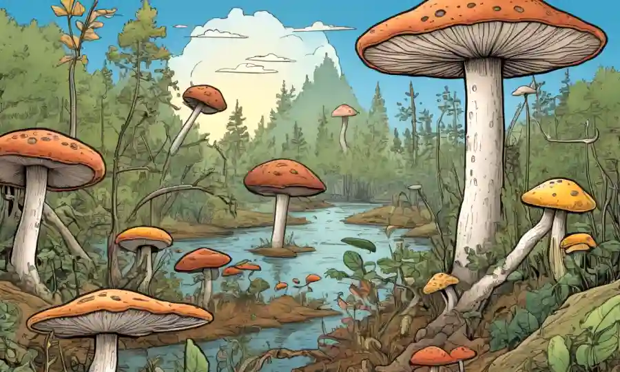 Fungi y plantas en un ecosistema con flechas que ilustran el ciclo de carbono.