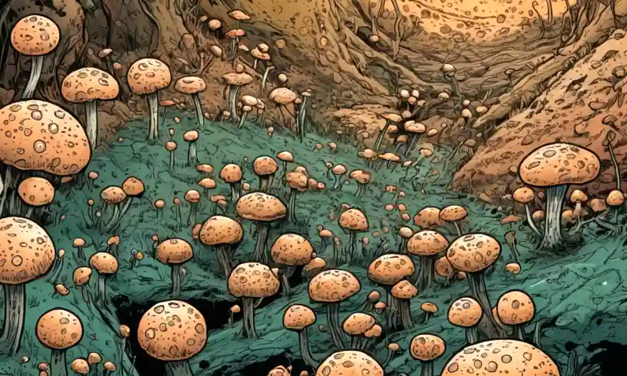 Una vista microscópica de esporas fúngicas que crecen sobre una superficie.