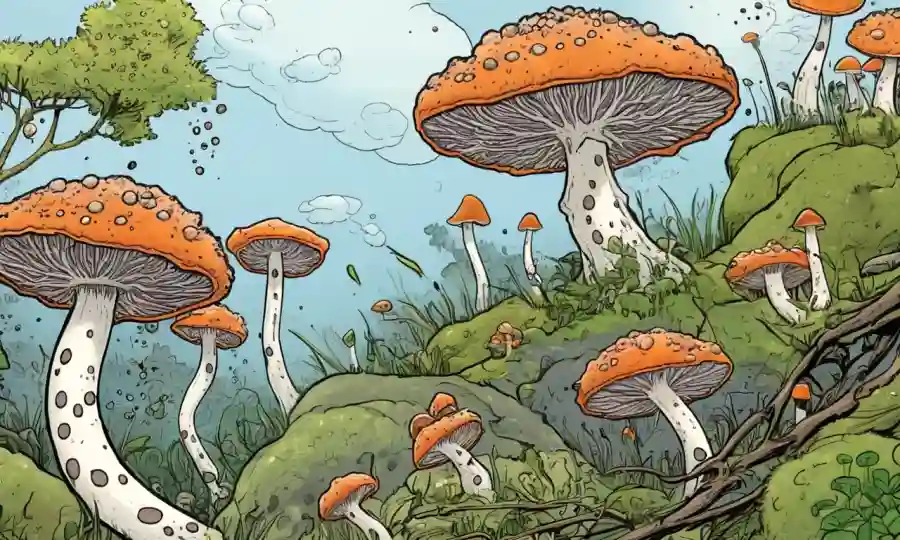 Ilustración ecológica que muestra dispersión y crecimiento de esporas fúngicas, destacando la importancia de ciclos de vida fúngicos.