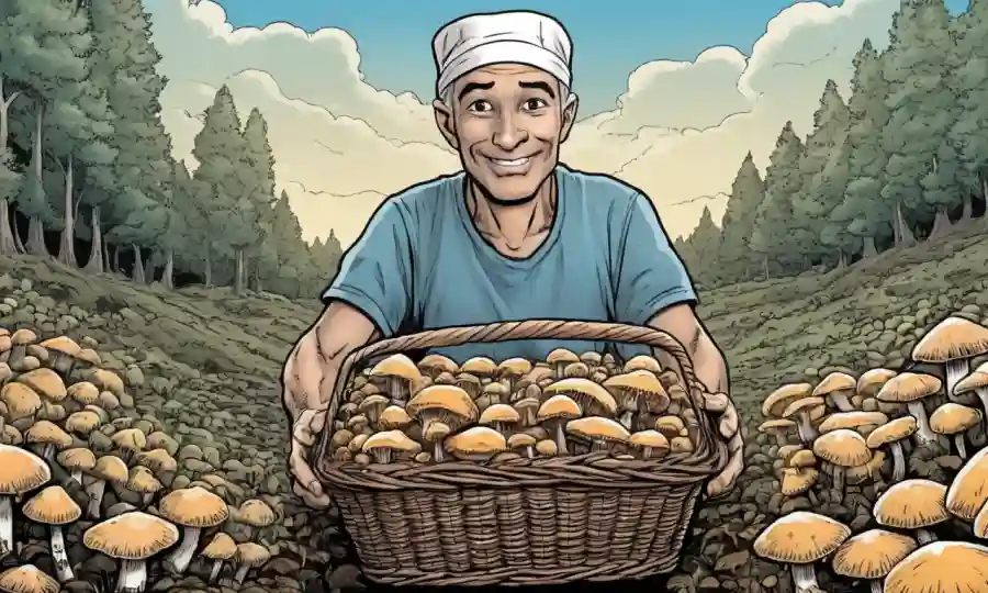 A person holding up a basket of cultivated hongos, with a background of sterilized substrate and equipment.
