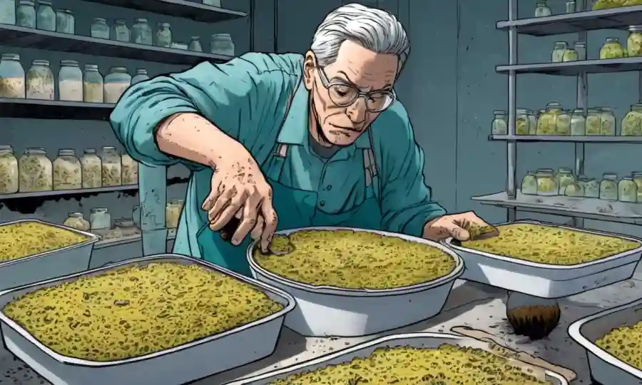 Una persona que tiende a un contenedor lleno de crecimientos fúngicos y sustrato pasteurizado.