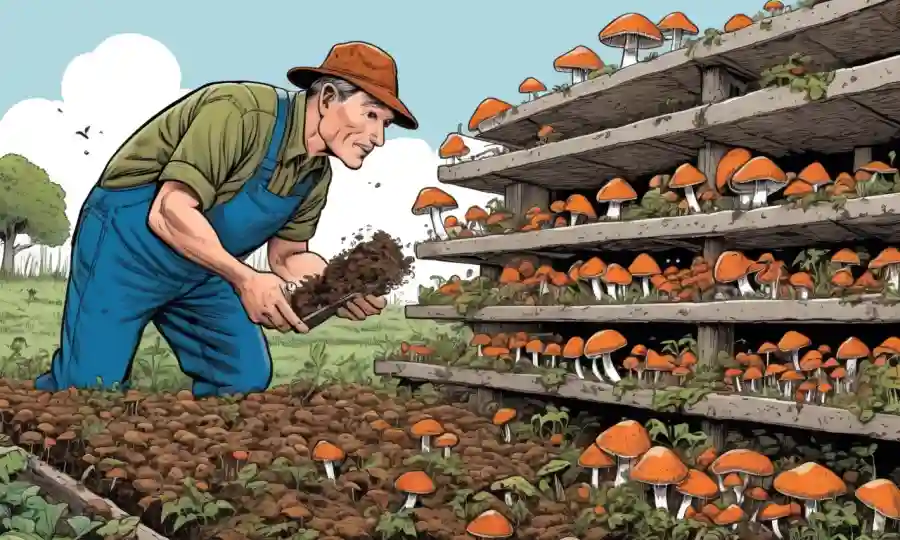 Agricultor inspecciona un estante de hongos frescos creciendo en compost con un fondo blanco.