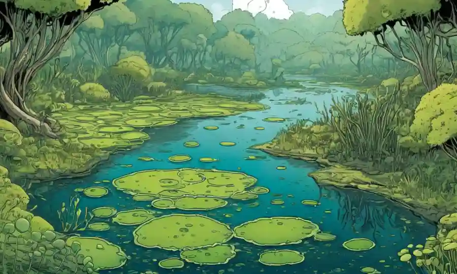 Imágenes de algas y plantas en un ecosistema con gráficos de texto que ilustran los efectos de las esporas en el medio ambiente.