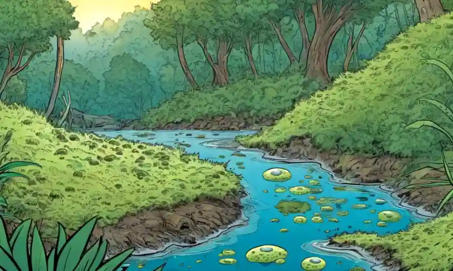 Vista microscópica de esporas en su hábitat natural, rodeado de vegetación y agua.