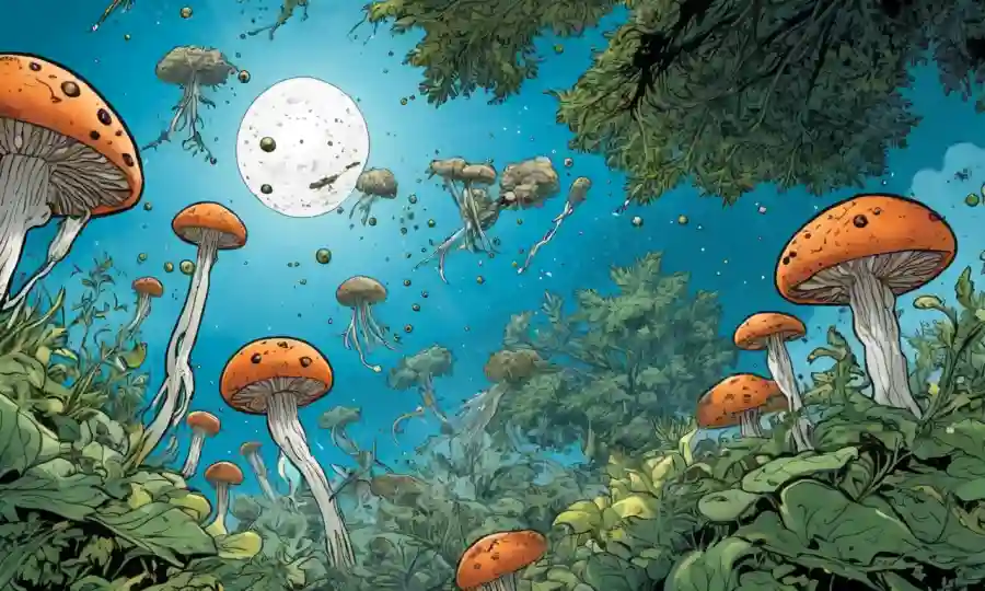 Esporas flotando en el aire entre organismos microscópicos o plantas, destacando su papel en el medio ambiente.