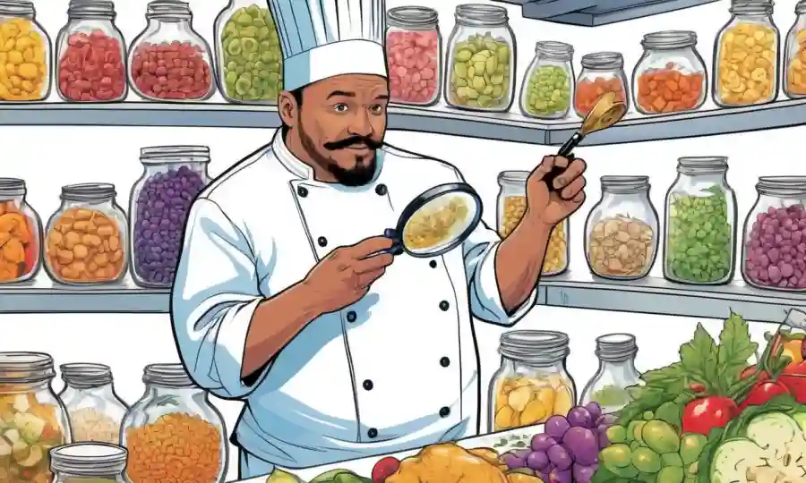 Un chef rodeado de alimentos fermentados con una lupa que examina los perfiles de sabor en una pizarra.