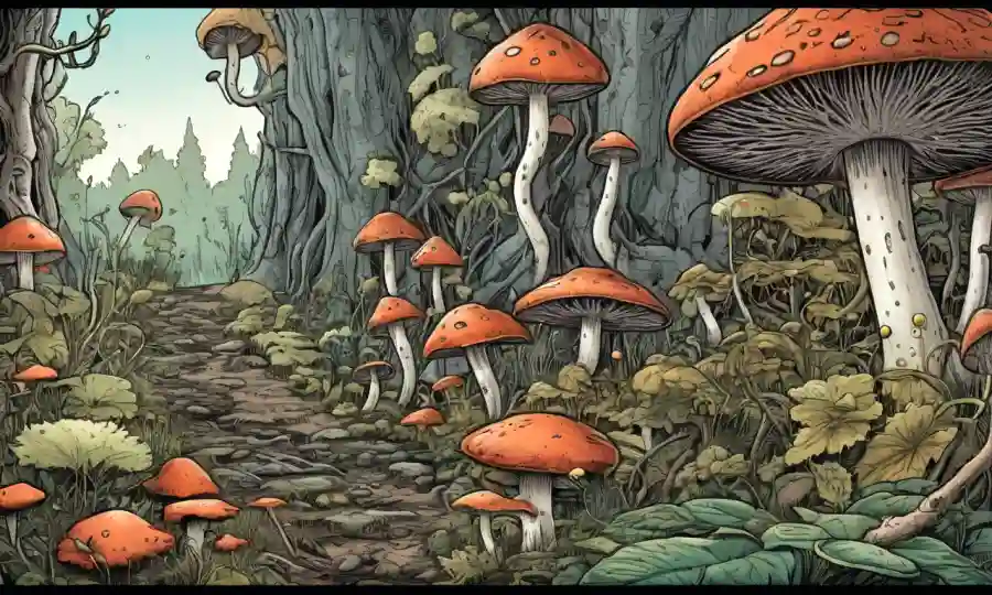 Patrones de crecimiento de hongos en un entorno variado con texturas y estructuras circundantes.