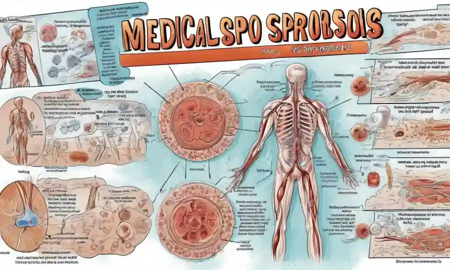 Un diagrama médico que ilustra los efectos de la esporosis con superposición de texto explicando causas y tratamientos.