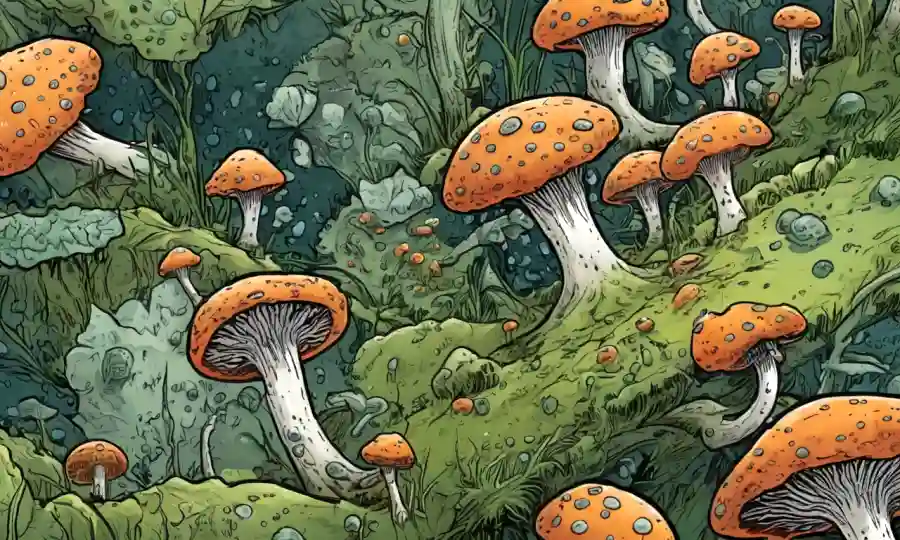 Una vista microscópica de esporas fúngicas dispersando en la naturaleza.
