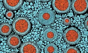Las células fúngicas microscópicas se dividen en esporas entre patrones circulares.