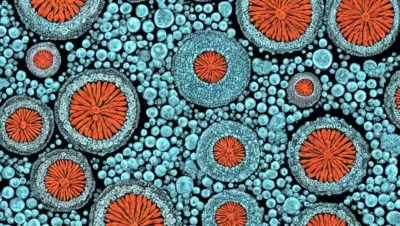 Las células fúngicas microscópicas se dividen en esporas entre patrones circulares.