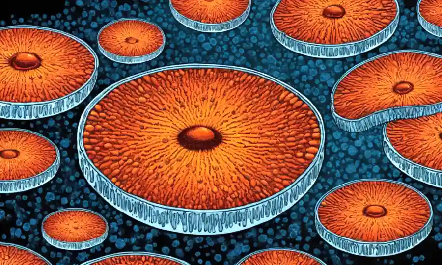 Una imagen de microscopio de esporas fúngicas formando en un plato petri.