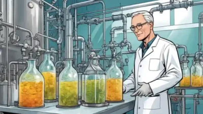 Un científico monitoreando un proceso de producción de vinagre con tanques de fermentación.