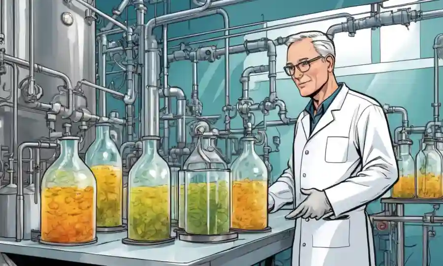 Un científico monitoreando un proceso de producción de vinagre con tanques de fermentación.