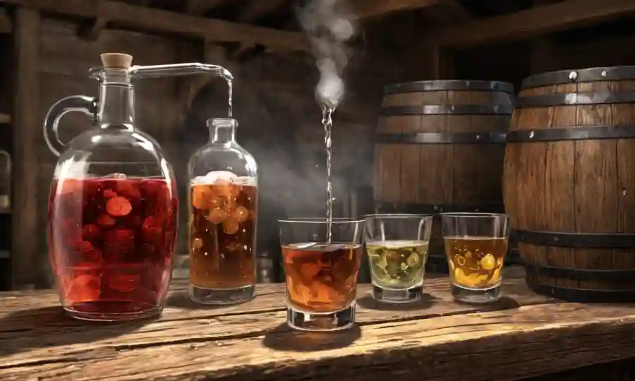 Diversos tipos de vinagre se vierten de barriles en vasos sobre una mesa rústica, con vatas de fermentación en el fondo.