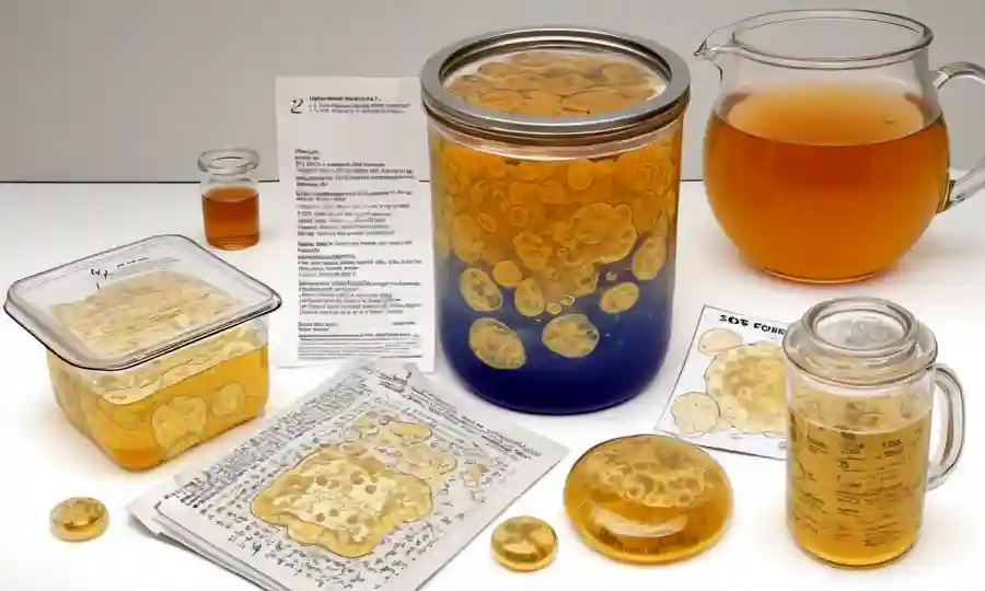 Bubbles formando en SCOBY (Cultura Simbiótica de Bacterias y Levadura) en un recipiente de té, con notas y tablas que rodean.