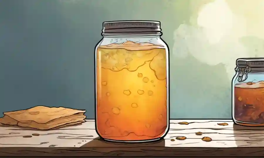 Un frasco de té kombucha fermentado con SCOBY flotando en su superficie.