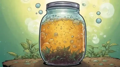 Un frasco de cultura basado en el té con hongos kombucha desarrollando dentro de burbujas medias.