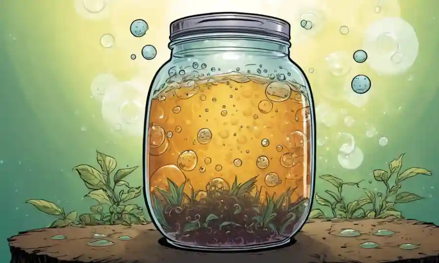 Un frasco de cultura basado en el té con hongos kombucha desarrollando dentro de burbujas medias.