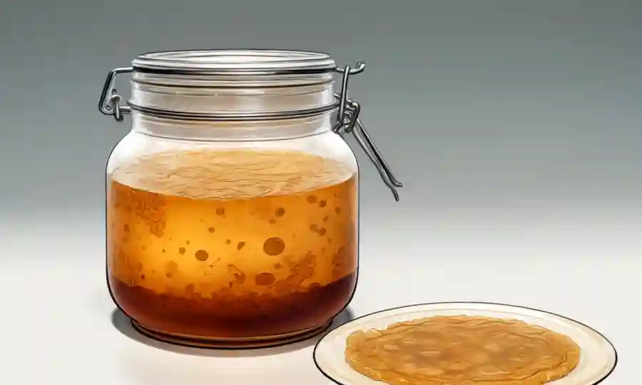 Un frasco que contiene SCOBY (Cultura Simbiótica de Bacterias y Levadura) en líquido de té.