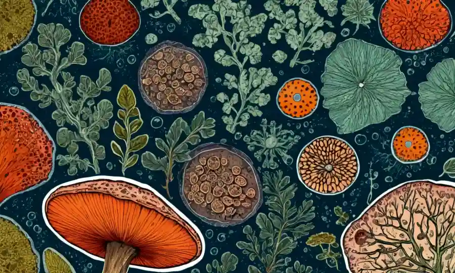 Microscópico hongos infectando células vegetales, rodeados de diagramas botánicos.