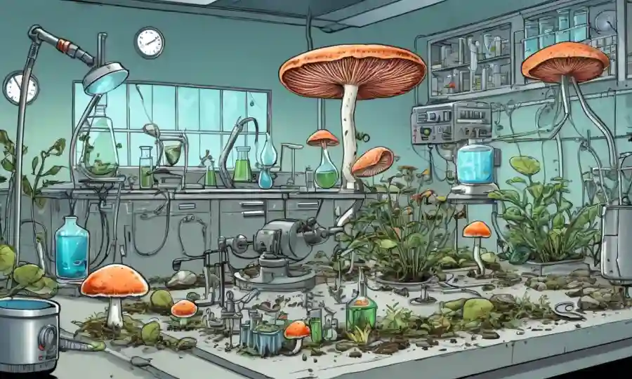 Ilustraciones científicas de hongos y plantas rodeadas de equipos de laboratorio.
