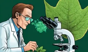 Científicos que estudian enfermedades vegetales en un microscopio o una hoja infestada de hongos.