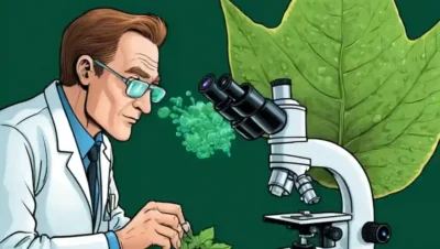 Científicos que estudian enfermedades vegetales en un microscopio o una hoja infestada de hongos.