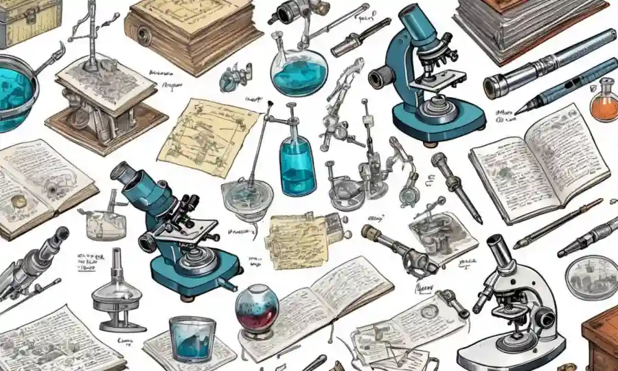 Microscopios e instrumentos científicos mostrados con notas y diagramas sobre principios microscópicos.