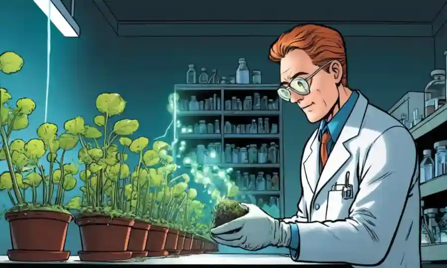Científico en un laboratorio de investigación observando el crecimiento de hongos en las plantas.