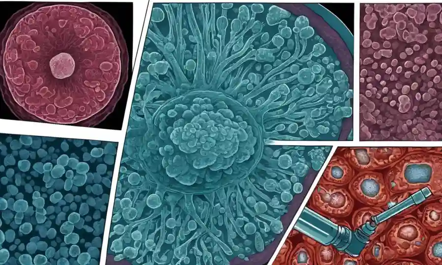 Un microscopio junto con imágenes de microorganismos en tejido humano.