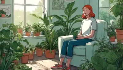 Una persona sentada cómodamente rodeada de plantas y calmante luz