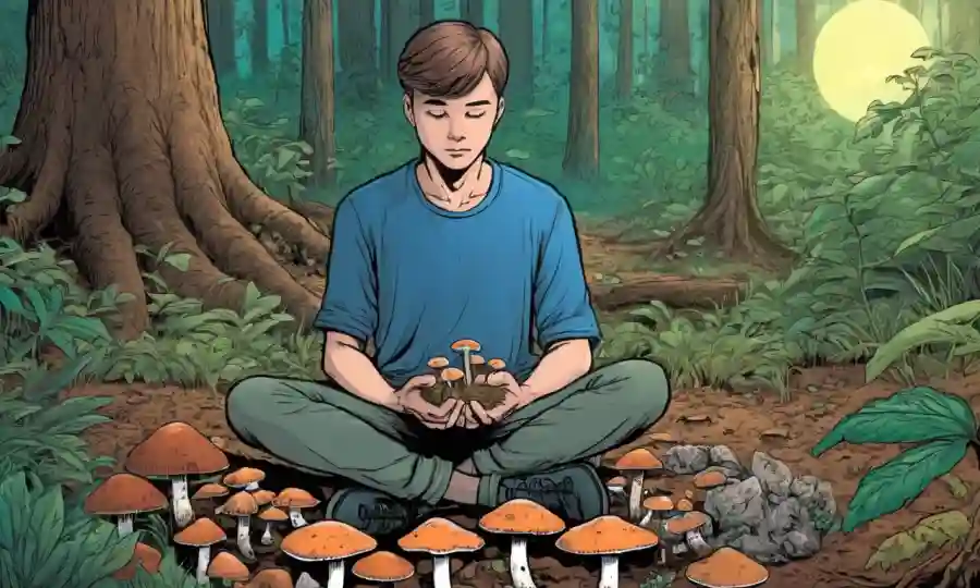 Persona sentada en el suelo forestal, manos sosteniendo hongos, rodeada de elementos inspirados en la naturaleza curativa.