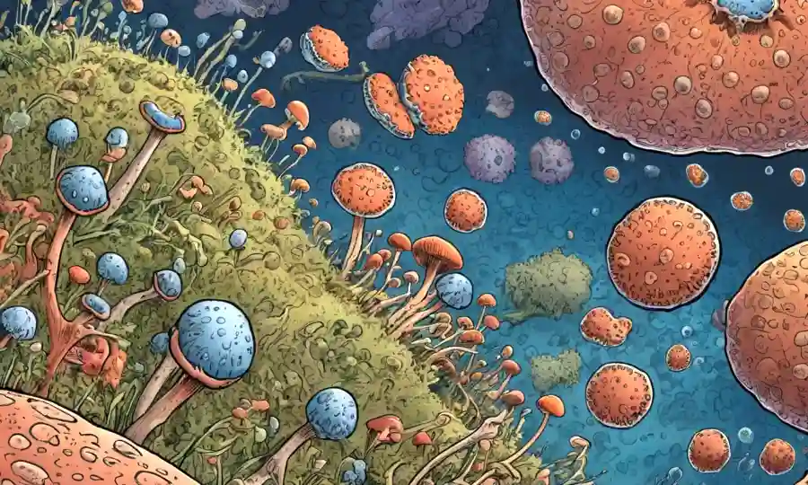 Ilustración de esporas de hongos cerca de componentes humanos de microbioma intestinal.