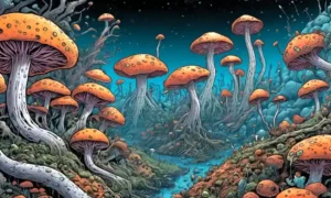 Ilustración de organismos fúngicos entre células humanas destacando su relación simbiótica.