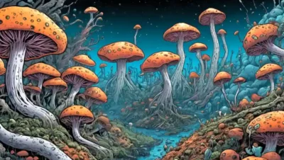 Ilustración de organismos fúngicos entre células humanas destacando su relación simbiótica.