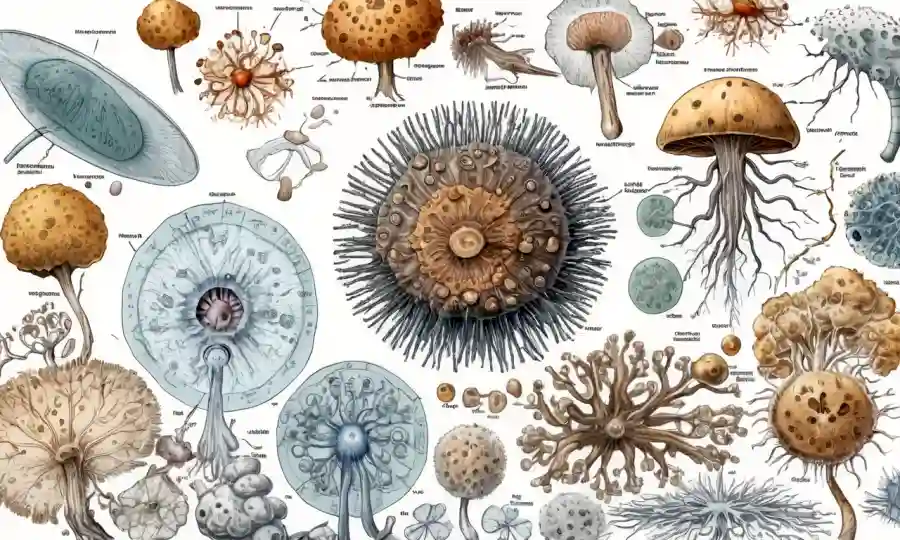 Una espora de hongos adormecida rodeada de diagramas científicos y microscopios.