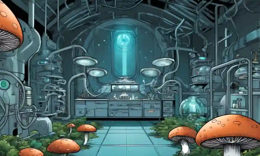 Un laboratorio futurista con sistemas cerrados que cultivan hongos.