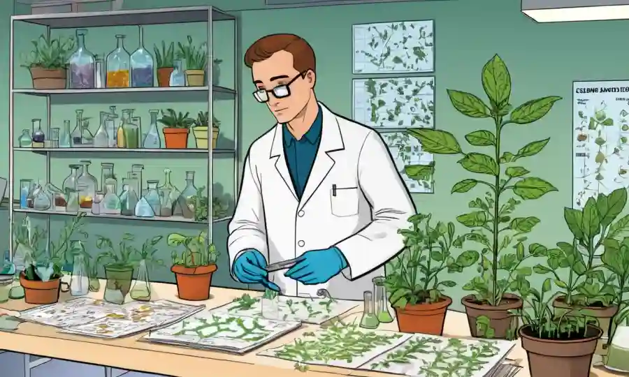 Científico coleccionando especímenes de plantas en un laboratorio, rodeado de gráficos de clasificación.
