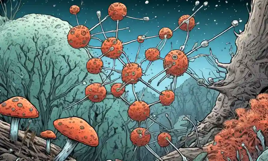 Un microscopio que muestra esporas fúngicas en líquido, con flechas apuntando a diversos factores que afectan su viabilidad.